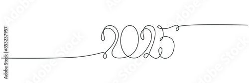 Decoration continuous line hand drawing sign for 2025 year calendar, presentation, poster. Vector stock illustration minimalism design isolated on white background. Editable stroke single line. 