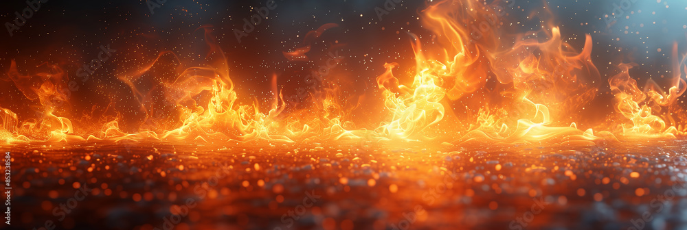 A fire is burning in the distance, with the flames reaching up into the sky. Concept of danger and destruction, as the fire threatens to engulf everything in its path A fire is burning in the distance, with the flames reaching up into the sky. Concept of danger and destruction, as the fire threatens to engulf everything in its path