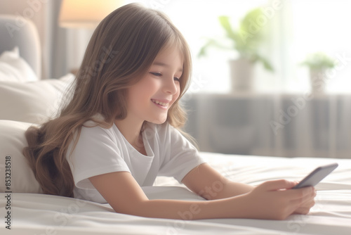 A young girl is laying on a bed with a cell phone in her hand. She is smiling and she is enjoying herself