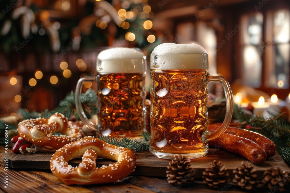 Fototapeta premium Still life for Oktoberfest, with mugs of beer, pretzels, sausages, and traditional Bavarian decorations, lively and festive setup