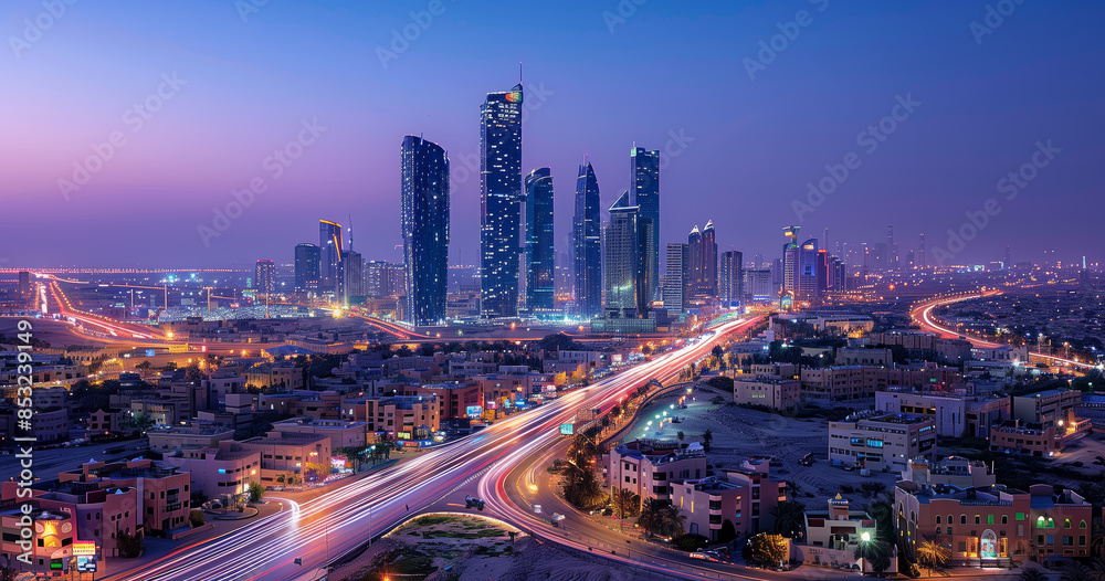 Fototapeta premium A city skyline at dusk with a beautiful sunset in the background. The buildings are tall and the lights are on, creating a warm and inviting atmosphere