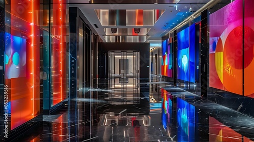 modern vestibule with abstract art installations, a reflective black marble floor, and dynamic LED lighting creating an ever-changing ambiance