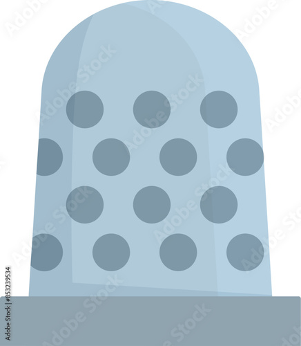 Blue metal thimble with dots for sewing standing on base, isolated on white background