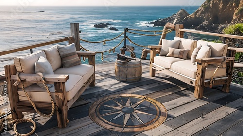 nautical-themed outdoor lounge with reclaimed shipwood furniture, marine rope accents, and a compass rose inlay in the decking, overlooking the ocean
