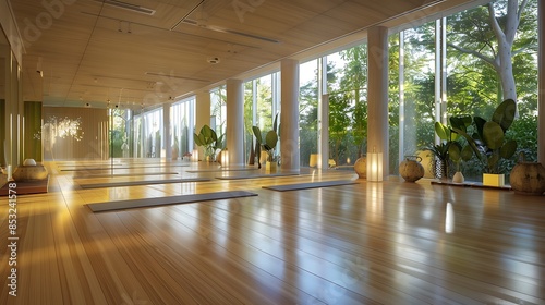 serene yoga studio with bamboo floors, soft lighting, and large windows that let in natural light, creating a peaceful environment for practice © Salman