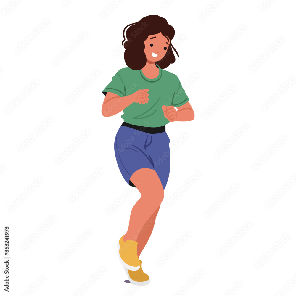 Young Girl Character Jogging With A Smile, Wearing A Green Shirt, Blue Shorts, And Yellow Sneakers, Vector Illustration Young Girl Character Jogging With A Smile, Wearing A Green Shirt, Blue Shorts, And Yellow Sneakers, Vector Illustration