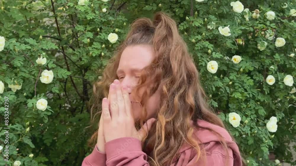 young woman suffering from pollen allergy at summer day in front of flowers young woman suffering from pollen allergy at summer day in front of flowers