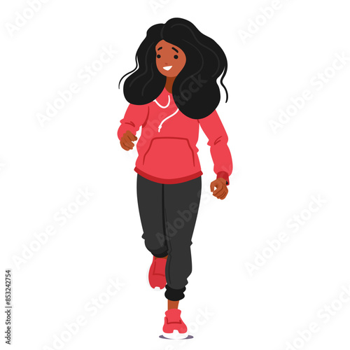 Smiling Girl Character Running In Hoodie And Pants Front View. Vector Illustration Portrays Fitness, And Happiness
