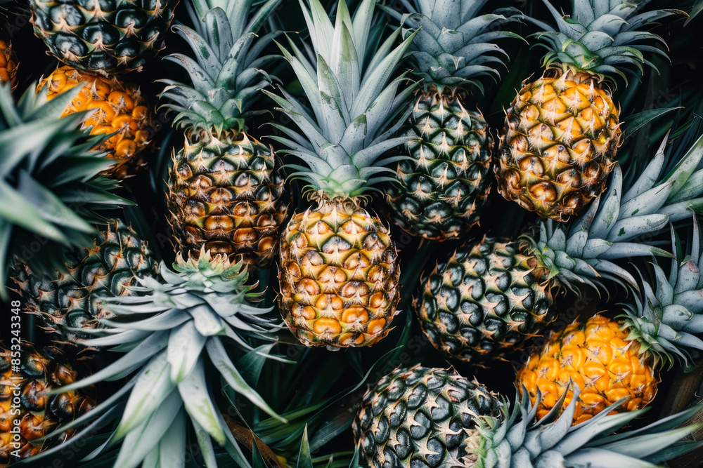 variety of fresh and ripe pineapples beautifully displayed at tropical fruit stand variety of fresh and ripe pineapples beautifully displayed at tropical fruit stand