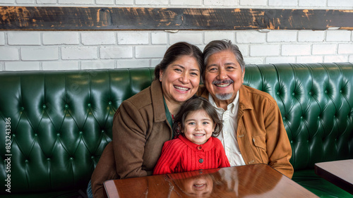 Happy hispanic grandpa, grandma and granddaughter sitting on a green leather booth at a special family dinner to celebrate the seniors, 
