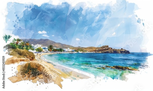 elia beach mykonos Digital illustration, white background, watercolor style