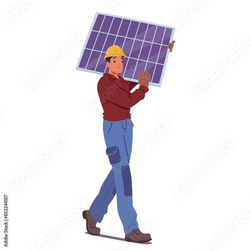 Worker Carrying Solar Panel For Installing. Male Character Wearing Hard Hat And Gloves. Clean Energy Environment Concept