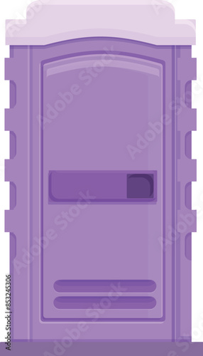 Purple plastic portable toilet standing alone, ready for use at an outdoor event