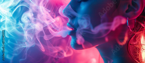 Banner for a vape shop, neon vibe, cinematic light. Woman smoke, close up, vibrant design.