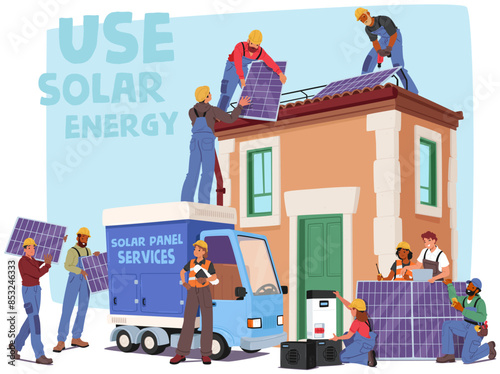 Team Of Workers Installing Solar Panels On A Residential House Rooftop. Men And Women Characters Working Together