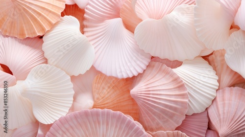 A pile of pink and white seashells in various shapes and sizes.