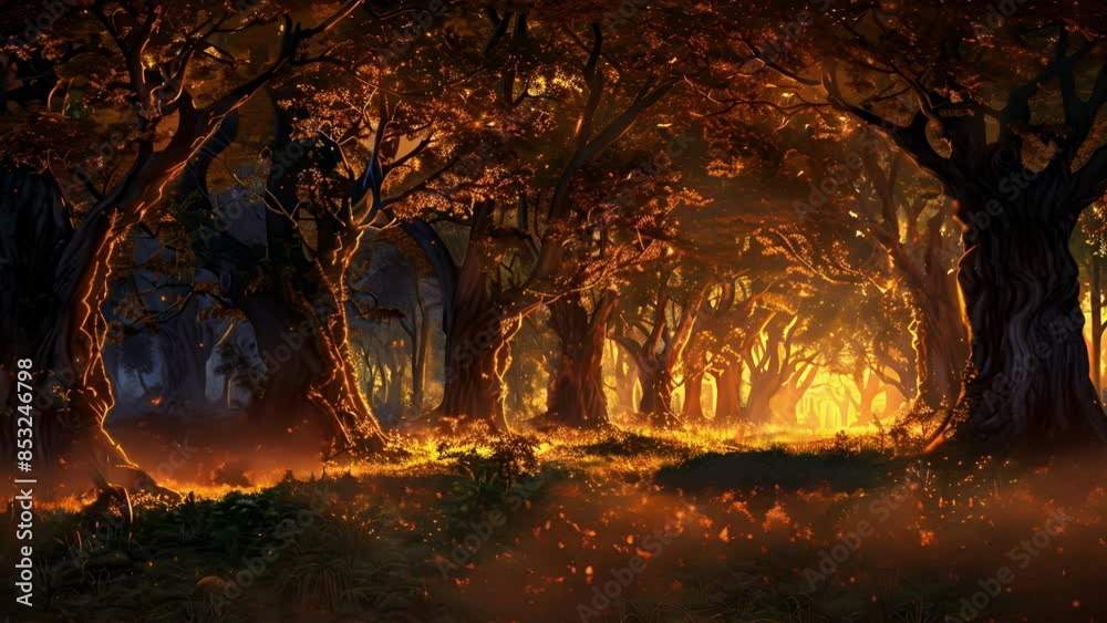 The forest floor was dappled with a warm glow the source of which could be traced back to the luminous trees that stood tall and imposing in the darkness. The forest floor was dappled with a warm glow the source of which could be traced back to the luminous trees that stood tall and imposing in the darkness.