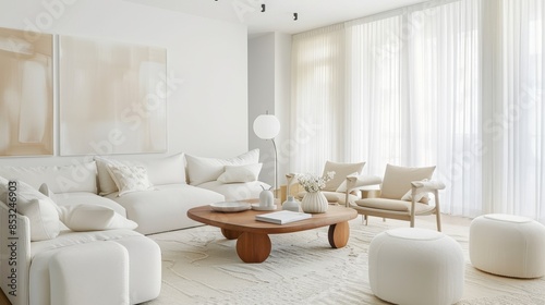 A refined living room featuring a crisp white canvas backdrop, Sparse yet stylish furniture, Contemporary minimalist style © Robby