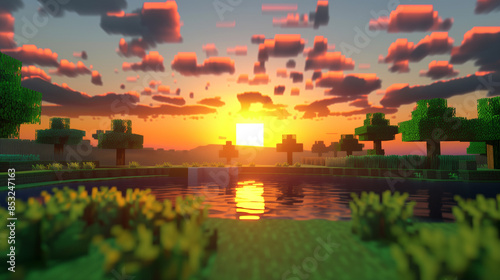 sunrise in a location in a game in 3D pixel art style