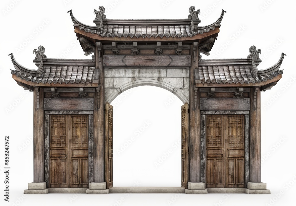 Fototapeta premium Wooden arched door frame with a white background