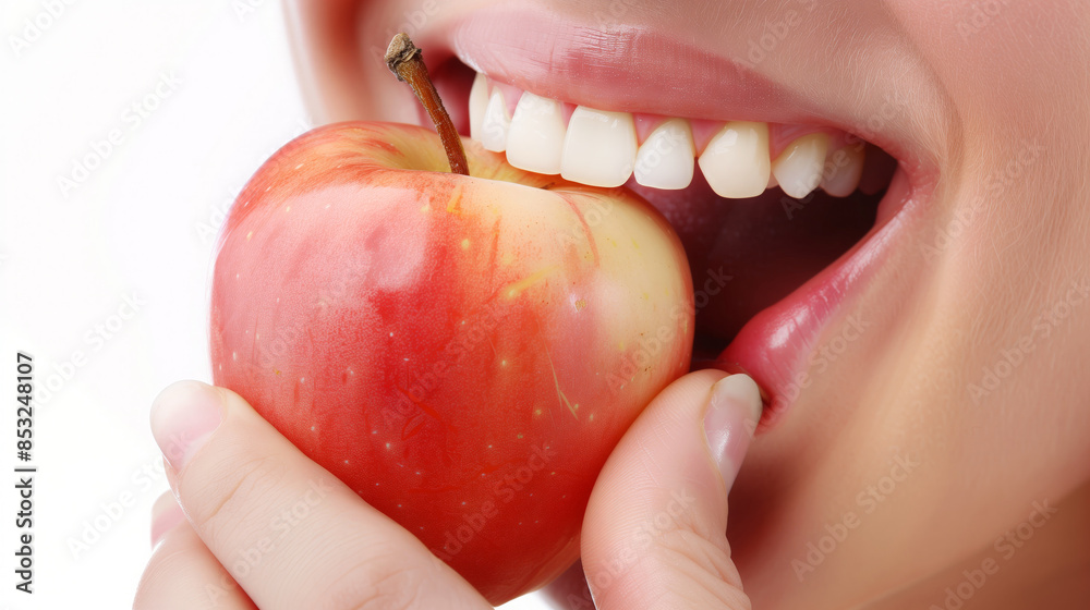 Cheerful girl with an apple, healthy eating and a bright smile, close up Cheerful girl with an apple, healthy eating and a bright smile, close up