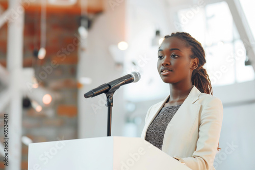 Teenage African girl stands poised as a speaker at a modern conference on regeneration, exuding confidence and professionalism. New generation's voice in important discussions.