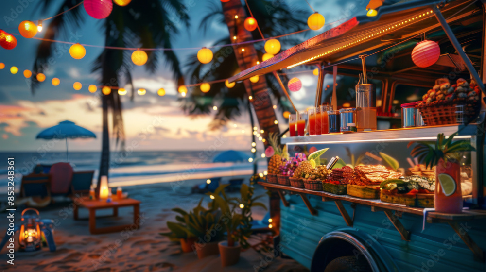 Naklejka premium Food truck adorned with holiday decorations with popular street food on beach party. Evening lights and vacation tropical celebration atmosphere.