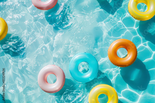 Top view of inflatable swimming rings on a sunlit turquoise pool, depicting summer leisure and fun. colorful pool scene with floaties