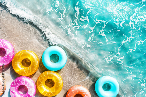 Aerial beach view with turquoise ocean waves and colorful inflatable swim rings on the sandy shore, portraying a vibrant summer escape.