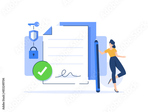 E-signature. Woman signing a legal document. Businesswoman signing online contract with digital signature. Verifying the authenticity of digital message or document