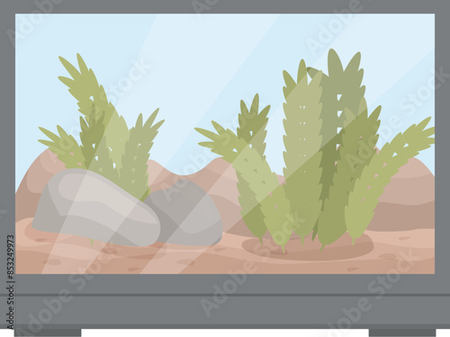 Glass terrarium with sand and plants growing inside, perfect for reptiles or amphibians