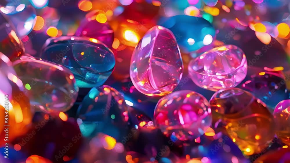 A pile of glossy luminescent jelly beans each one reflecting the light in a unique way creating a mesmerizing array of colors. A pile of glossy luminescent jelly beans each one reflecting the light in a unique way creating a mesmerizing array of colors.