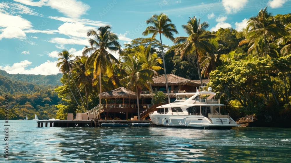 a large luxury villa in Fiji. Tropical, small boat ramp, bar, palm trees, boat a large luxury villa in Fiji. Tropical, small boat ramp, bar, palm trees, boat