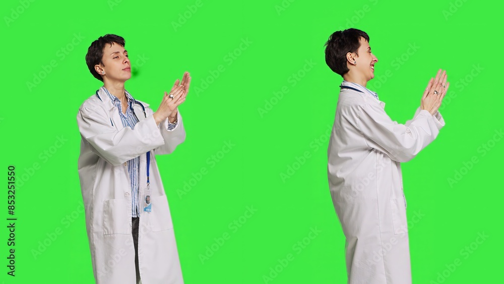Proud pleased medic applauding colleagues in studio, cheering and feeling happy about their success. Doctor clapping hands and congratulating someone against greenscreen backdrop. Camera B. Proud pleased medic applauding colleagues in studio, cheering and feeling happy about their success. Doctor clapping hands and congratulating someone against greenscreen backdrop. Camera B.