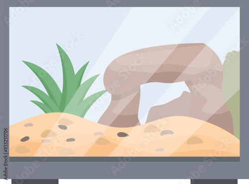 Empty terrarium with substrate and shelter, waiting for a reptile or amphibian