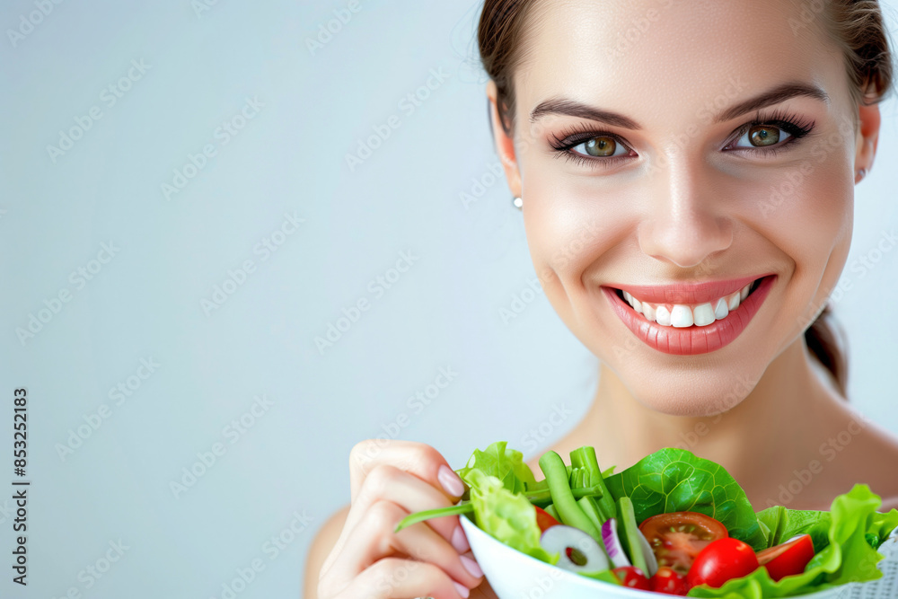 Smiling woman eating a nutritious salad on a white background, copy space Smiling woman eating a nutritious salad on a white background, copy space