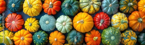 Colorful Autumn Vegetables for Thanksgiving Banner - Top View of Green Calabash, Squash, and Pumpkins on a Background of Lagenaria Siceraria photo