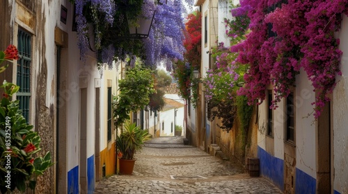 Cobblestone streets of Obidos, Portugal are a sight to behold. They are lined with colorful flowers like bougainvillea and wisteria, creating a beautiful view. photo