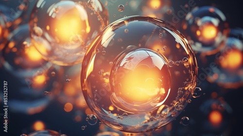 Illuminated Amber Spheres Floating in a Transparent Fluid