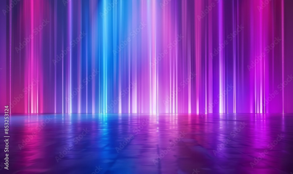 Abstract background with neon light lines, purple and blue colors, empty room with floor reflections Abstract background with neon light lines, purple and blue colors, empty room with floor reflections