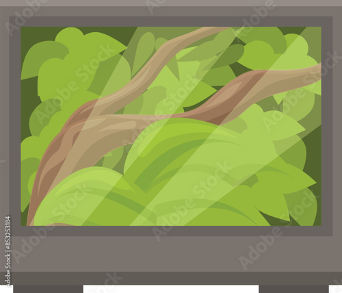 Glass terrarium filled with lush green foliage and branches, creating a relaxing and natural atmosphere