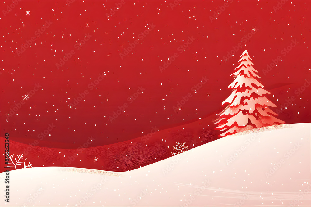 Background with Christmas tree on red background with snow. Postcard concept with copy space for Christmas and Happy New Year design. Background with Christmas tree on red background with snow. Postcard concept with copy space for Christmas and Happy New Year design.