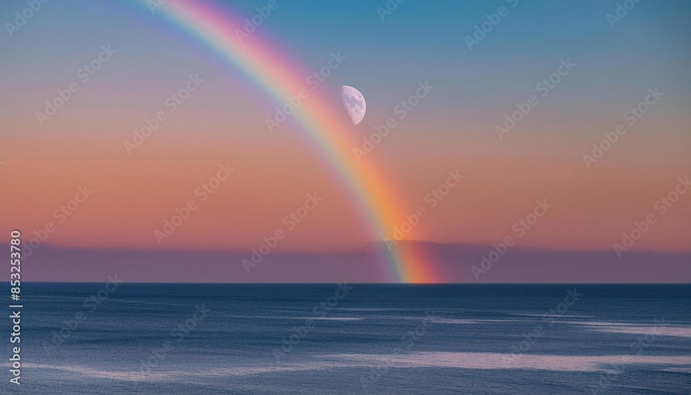 Abstract background of amazing crescent moon over the sea with rainbow at sunset Abstract background of amazing crescent moon over the sea with rainbow at sunset