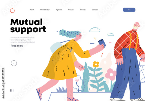 Mutual Support: Picking Up the Dropped Item -modern flat vector concept illustration of a woman who picked up a wallet lost by an elderly man Metaphor of voluntary, collaborative exchanges of services