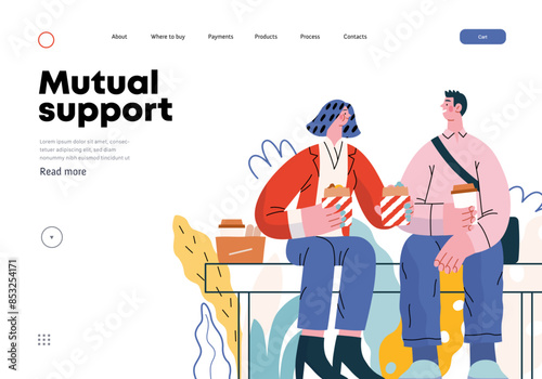 Mutual Support: Share food -modern flat vector concept illustration of woman offering half of her lunch to colleague in the park. A metaphor of voluntary, collaborative exchanges of resource, services