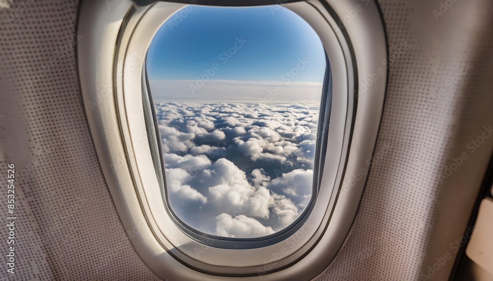 Airplane a window with aerial view of clouds 