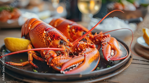 Close up appetizing two boiled lobsters serving on black plate on wooden table in cafe, healthy seafood, daylight blurred background.