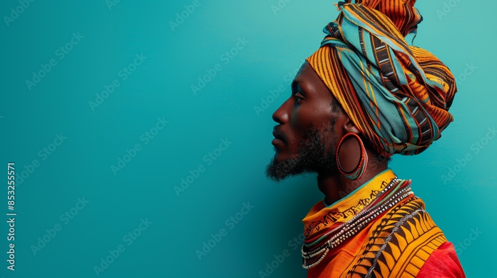 Fototapeta premium A man in vibrant African garb stands in profile against a bright teal background