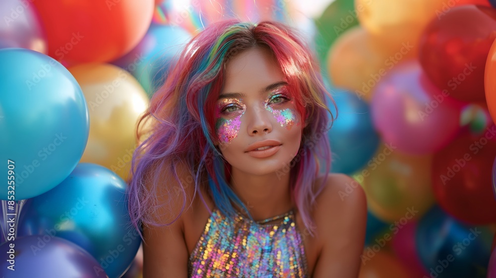 Woman with Colorful Hair and Balloons at Pride Festival Woman with Colorful Hair and Balloons at Pride Festival