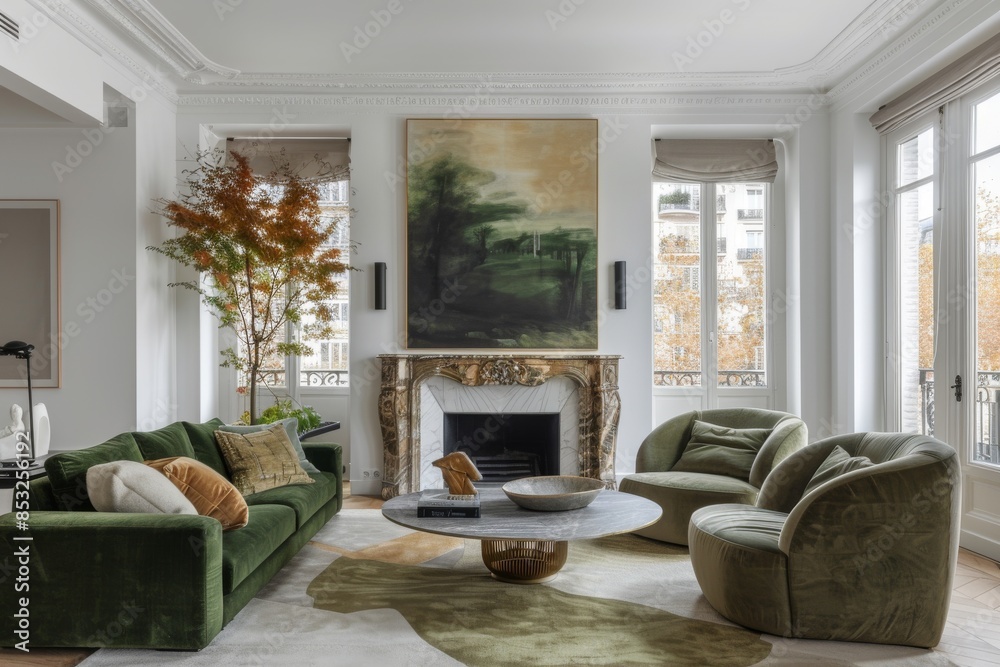 Modern living room with green and beige accents and large windows Modern living room with green and beige accents and large windows